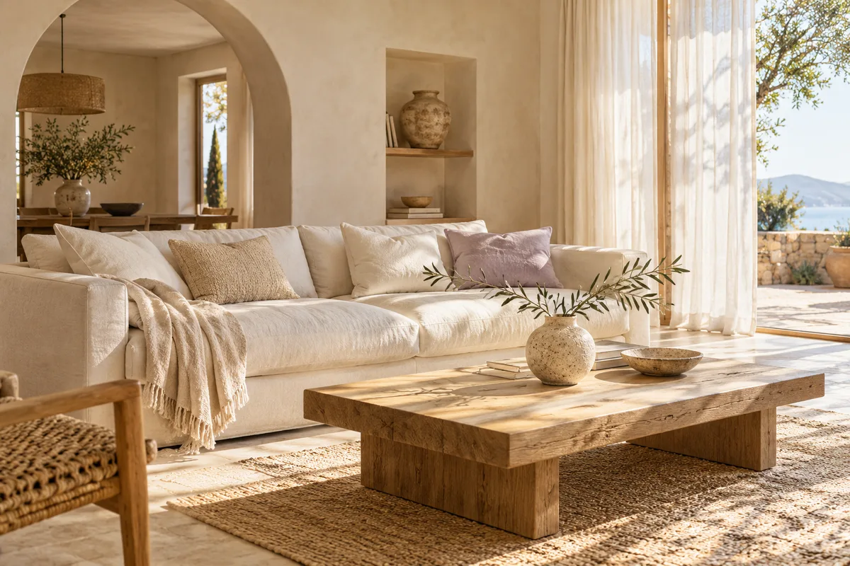 Sunlit Mediterranean living room with natural textures and a view towards the sea